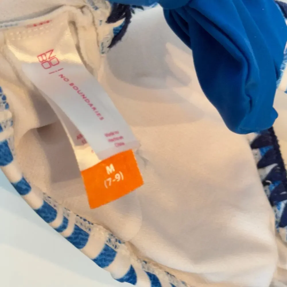 No Boundaries Denim Stripe Bikini Set Blanket Stitch in Blue Small Medium